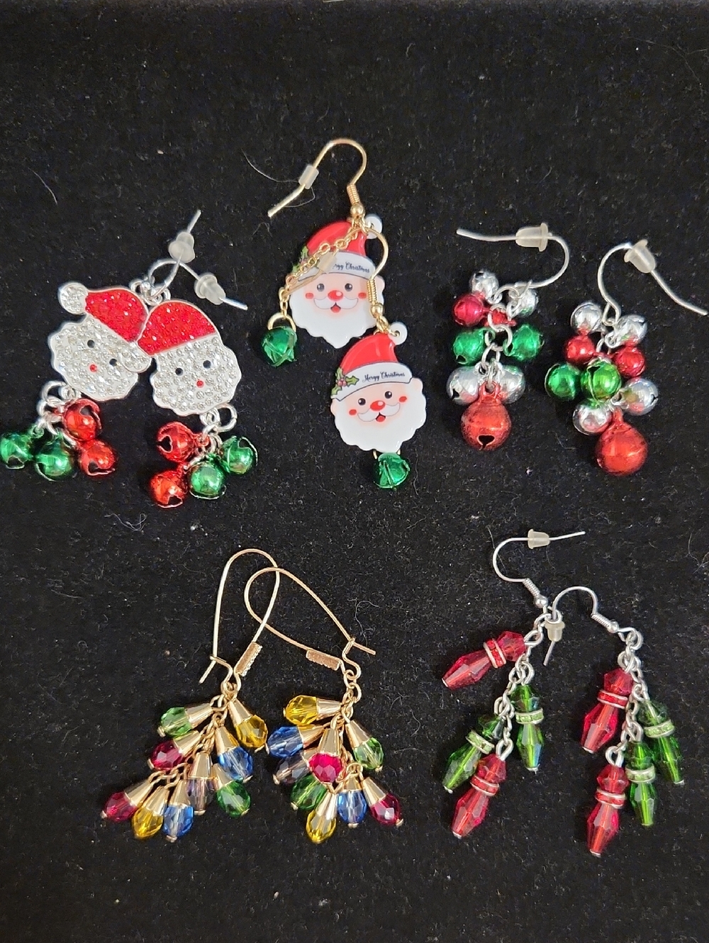 Holiday Jewelry Red and Green Holiday Jingle Bell and Santa Dangle Earrings Set